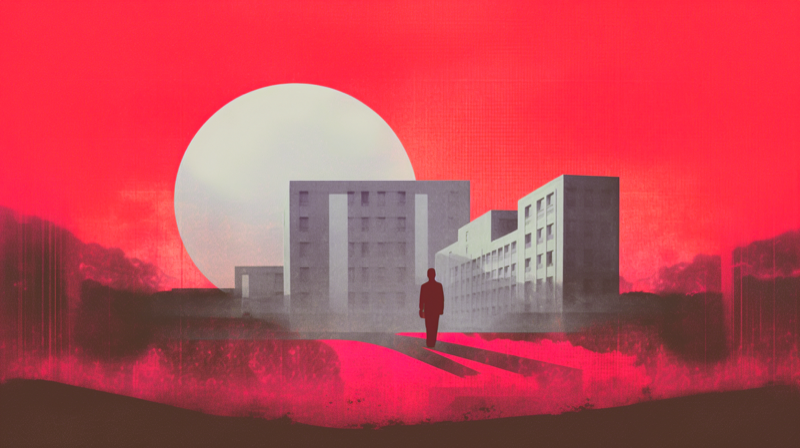 An editorial illustration showing a person in front of a hospital.
