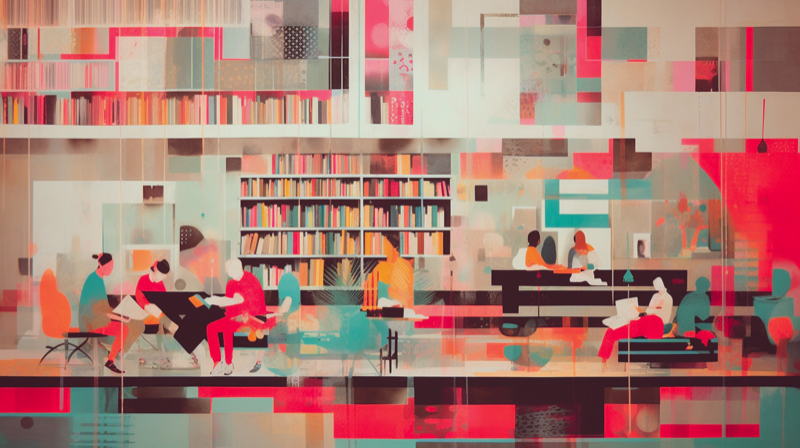 An editorial illustration showing people sitting in a university building.
